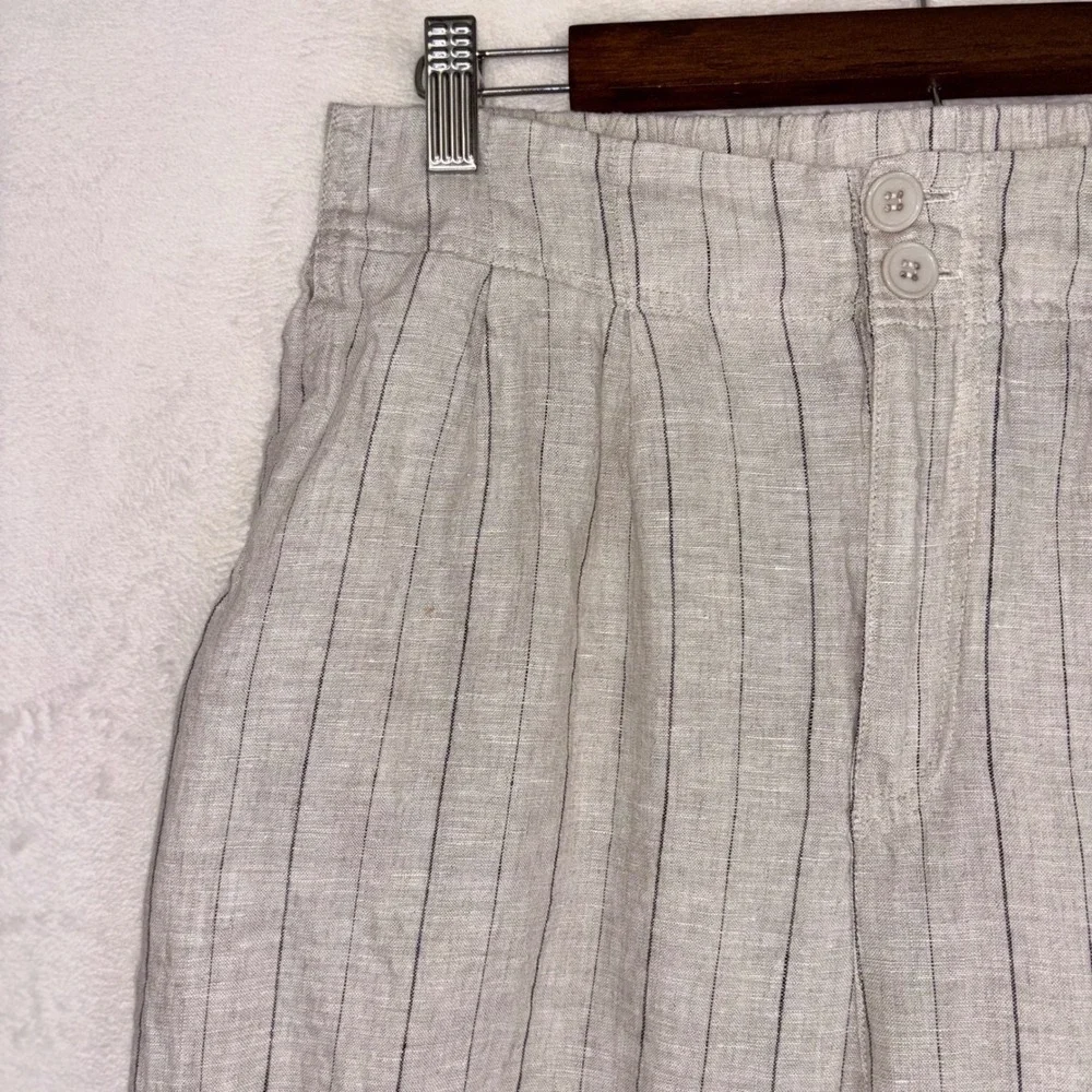 100% LINEN WIDE LEG PANTS Karlie High Rise Trouser Large Beige Pinstripe Neutral - Picture 8 of 12